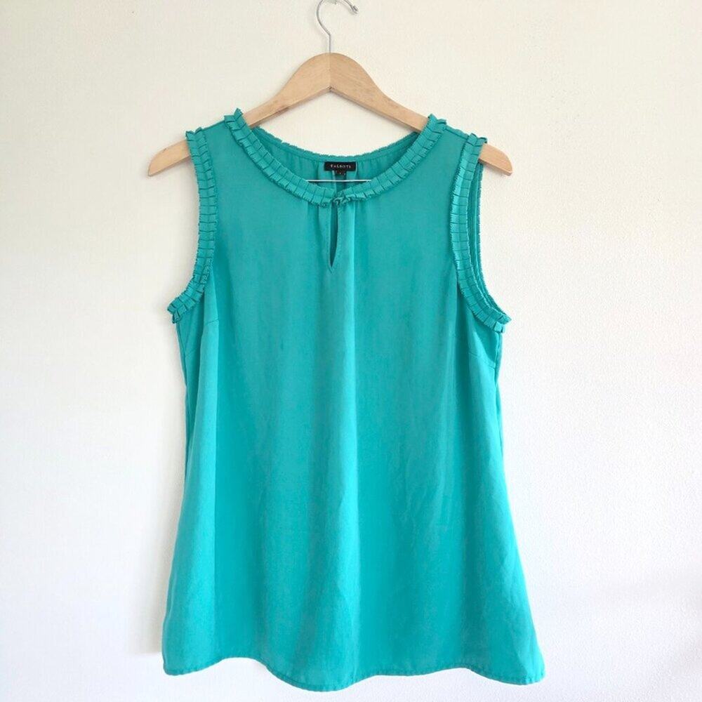 Talbots Teal Ruffle Neck Keyhole Sleeveless Shell Blouse Top Workwear Size Large
